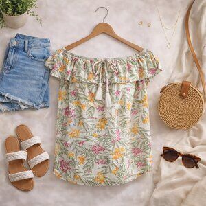 💜 Floral Off-Shoulder Ruffle Blouse with Tassel Tie – Women’s Size M